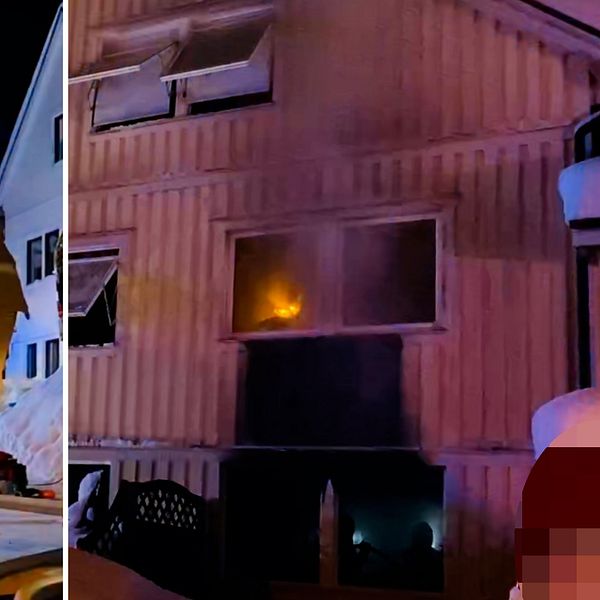 Brandmän står utanför hus där man ser eld i ett fönster