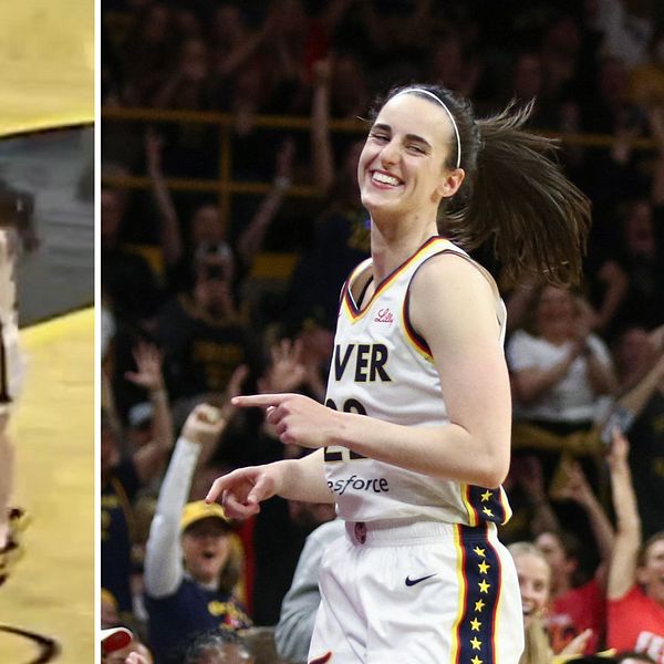 Delad bild. Till vänster: basketspelare skjuter. Till höger: spelare firar framför jublande publik.