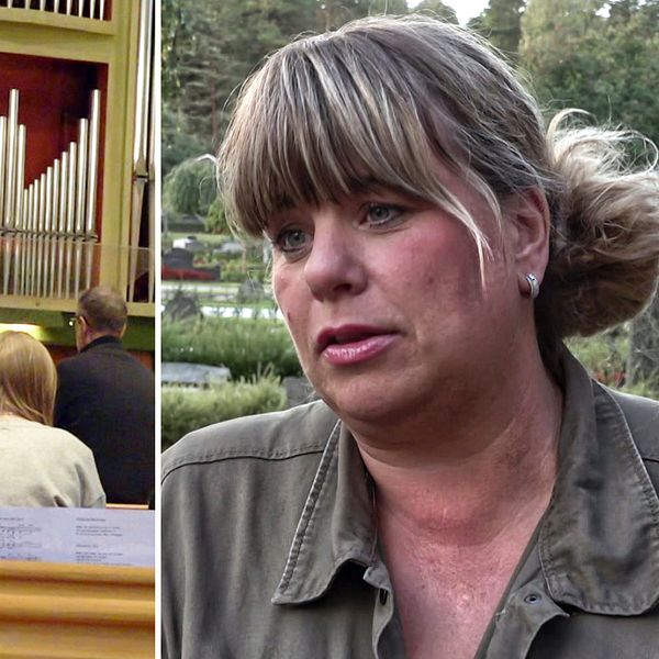 En delad bild som visar två scener. Till vänster är en inomhusmiljö med en grupp ungdomar som sitter vända mot ett orgel i en kyrka. Till höger syns en kvinna stående utomhus med en grönskande bakgrund.