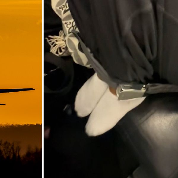 Flygplan som lyfter i solnedgång till vänster, bild på fötter uppe på ett flygplanssäte till höger.