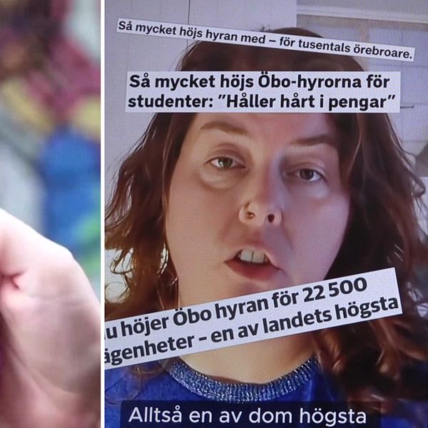 En person med en mobiltelefon med TikTok-appen installerad framför en suddig politisk affisch