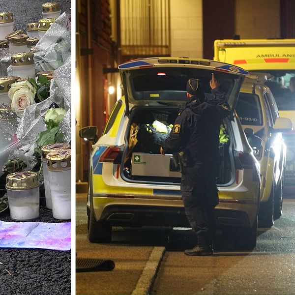 till vänster syns blommor och gravljus på en minnesstund, till höger syns en polisbil med öppen baklucka och en polis