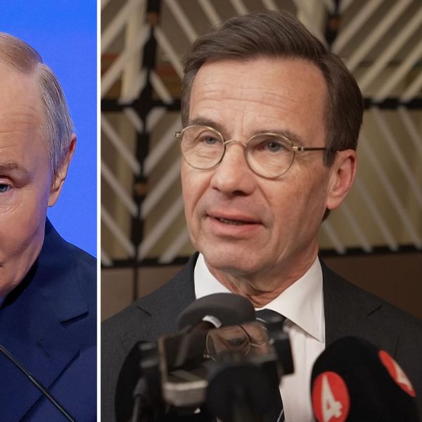 Tvådelad bild. Vänster: Putin talar inför blå bakgrund. Höger: Ulf Kristersson framför mikrofoner.