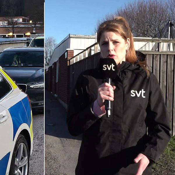 En delad bild som visar två scener: till vänster, en svensk polisbil parkering på en gata med en lagerbyggnad i bakgrunden; till höger, en reporter som står utomhus och håller en mikrofon.