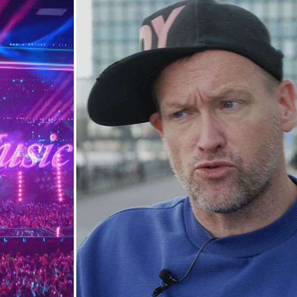 Eurovision-scen med texten ”United by Music” och en person i keps i närbild