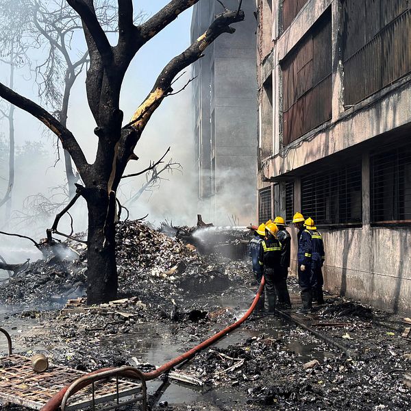 Rök och brandmän vid en byggnad efter en stor brand, förkolnade träd och spillror syns.