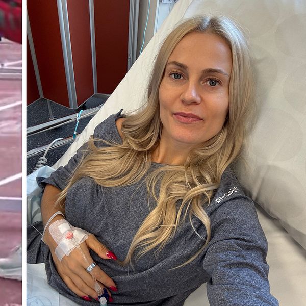 Lotta Harala skadad på löparbanan tillsammans med en porträttbild av henne i en sjukhussäng.