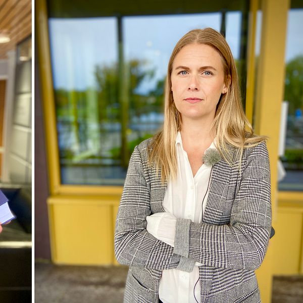 I foto till vänster: advokat Jan Nyman på sitt kontor med lagbok i handen och i foto till höger advokat Caroline Diederichsen framför Hälsingalnds tingsrätt med armarna i kors.