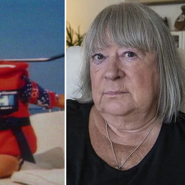En bild på Johan Asplund i en stor orange flytväst. Till höger ser man en bild på hans mamma Anna-Clara Asplund.