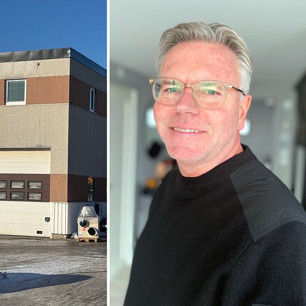 Tvådelad bild. Till vänster: husfasad med två garageportar och en skylt med texten Praktiska med parkerad bil framför. Till höger: Person inomhus.