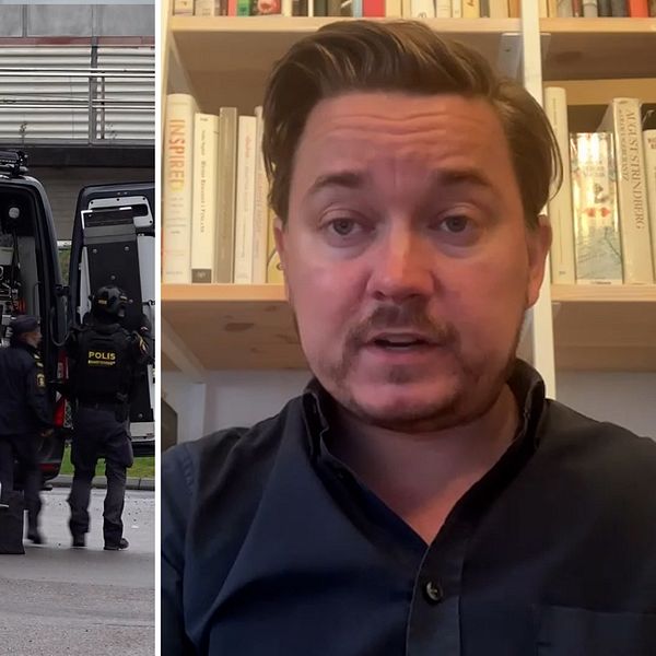 En delad bild som visar två scener. Den vänstra sidan visar en polisbil och en svart lastbil, omgiven av poliser på en gata med en skylt som visar ”Vårdcentral”. Den högra sidan visar en person framför en bokhylla, med ett upplatt för att anonymisera ansiktet.