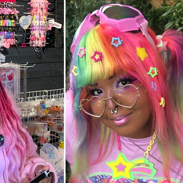 En delad bild som visar två personer i en butik med färgglada klädesplagg och accessoarer. Den vänstra sektionen visar en person med lila och rosa hår som bär en rosa hoodie. I den högra sektionen syns en annan person med lång, regnbågsfärgad frisyr och färgglada kläder, inklusive en stor stjärna som hängande smycke. Butiken verkar specialisera sig på söta och unika modeartiklar.