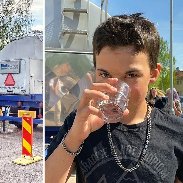 En bild av folk vid en vattentank och en närbild av en kille som dricker ett glas vatten