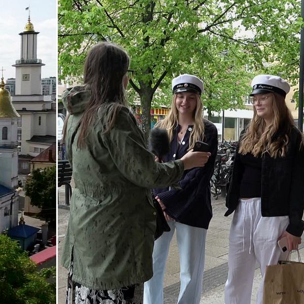 Kyrka med guldkupoler och studenter i studentmössor intervjuas utomhus.