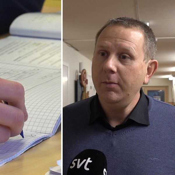 En delad bild som visar en hand som skriver på rutat papper med en penna, med anteckningar i bakgrunden. Den andra delen visar en man som pratar i mikrofon med ett SVT-märke, i en inomhusmiljö.