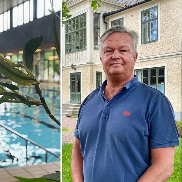 Kollage: Till vänster en simhall. Till höger Hedemoras kommunalråd Lennart Mångs (M) som står utomhus i blå kortärmad pikétröja. Han har kort grått hår och tittar in i kameran.