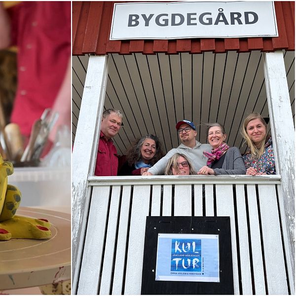 Delad bild. Vänster: målning av grodskulptur. Höger: människor på bygdegårdens balkong.