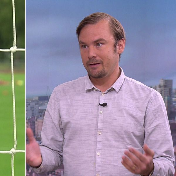 Daniel Grefve i studio samt suddig fotbollsträning bakom nät på delad bild