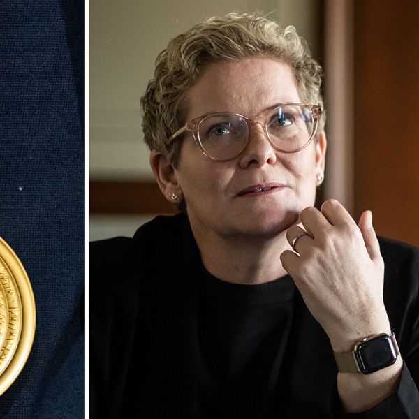 Stockholm stads finansborgarråd Karin Wanngård och två OS-guldmedaljer.