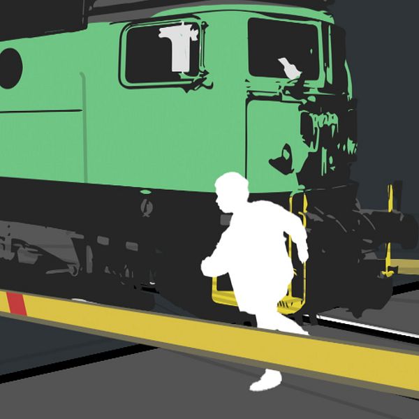Ett foto på plankorsningen vid västra Esplanaden i Sundsvall och en illustration på ett godståg som träffar en person som genar under järnvägsbommarna