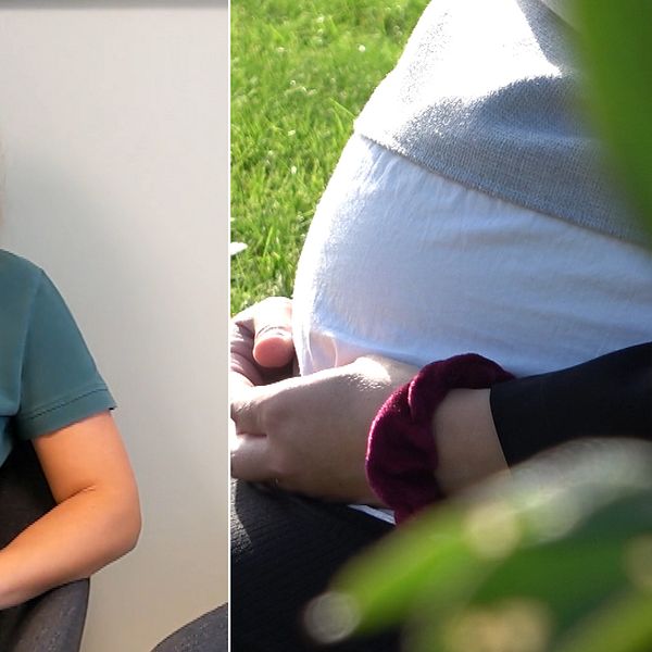 Gravid kvinna sitter på en bänk