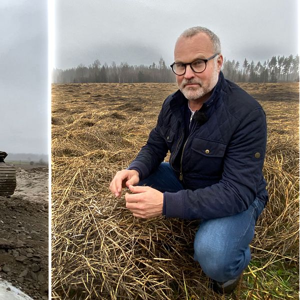 Grävmaskin vid vägbygge till vänster och spannmålsbonden Erik Holmberg till höger.