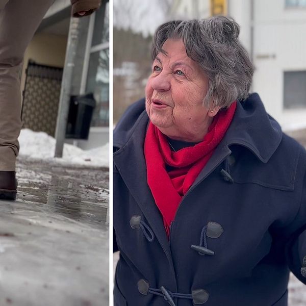 Två bilder. En halkande person på en isig trottoar till vänster och en kvinna till höger.