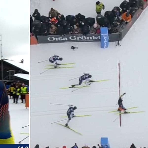 Bild delad i två sektioner: till vänster en skidåkare i en tävlingsdräkt med nummer 5 står bredvid en mikrofon i en snöig omgivning, med en stuga i bakgrunden; till höger uppifrån och visar flera skidåkare som korsar mållinjen på en tävling med publik längs spåret.