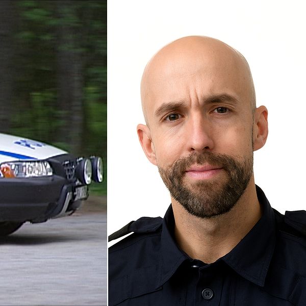 Ena delen visar en polisbil som åker på en väg, andra delen visar en man i polisens kläder.