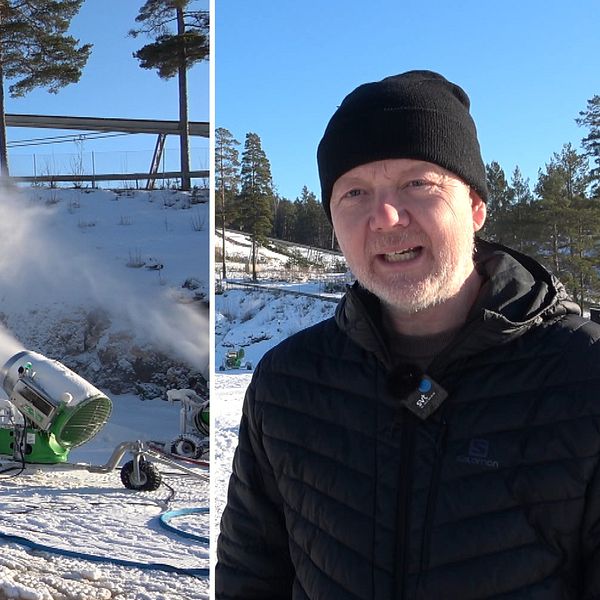 spitbild med snökanoner till vänster och man i mössa och skägg till höger.