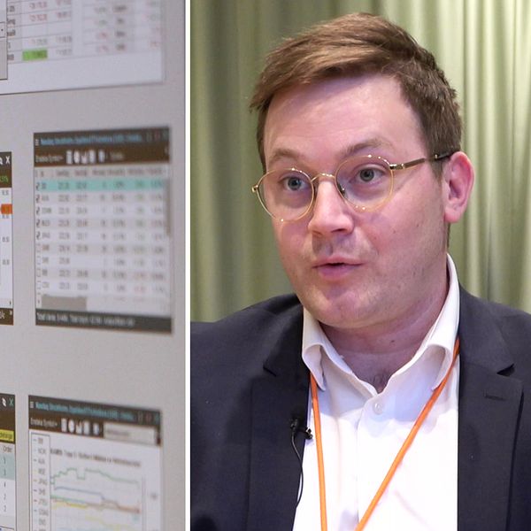 Delad bild. Till vänster: Skärmar visar grafer och data. Till höger: En bankman.