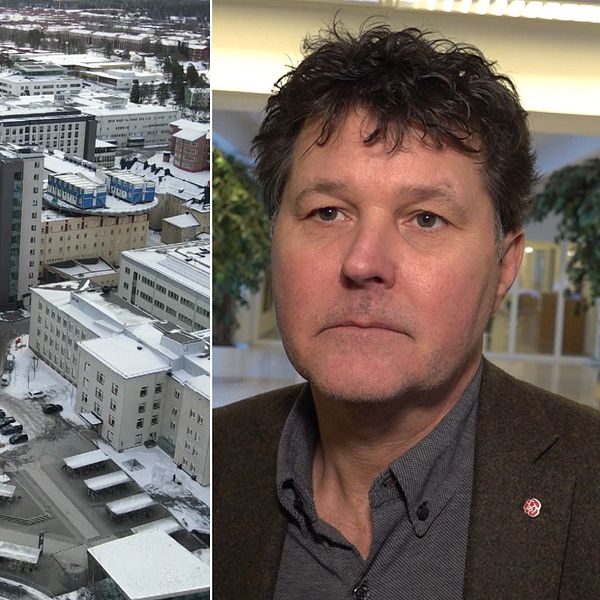 Delad bild. En drönarbild över Norrlands universitetssjukhus och en porträttbild på en sammanbiten Peter Olofsson som är regionstyrelsens ordförande.