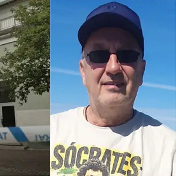 Kuvakollaasi, jossa kuva Fagersta Brinell-koulusta poliisin eristysnauhan takana ja Taisto Alatalo t-paidassa ja aurinkolaseissa.
