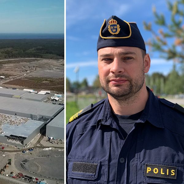 en drönarbild på batterifabriken i Skellefteå samt en porträtt på en polis