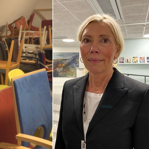 En delad bild som visar två sektioner. Till vänster syns en hög av olika stolar i varierande färger och former, inklusive en stor grön stol. Till höger visas en person i svart kavaj i en inomhusmiljö.