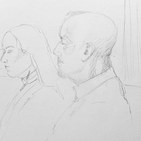 Åklagaren Ida Annerstedt och en teckning av den åtalade mannen i kopplerirättegången