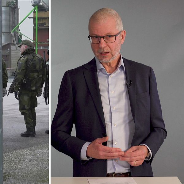 Delad bild. Vänster: soldater vid militärfordon. Höger: person i kostym gestikulerar.