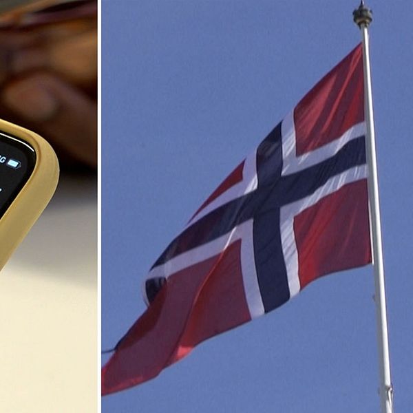 Till vänster en närbild på en hand som håller en smartphone med en skärm som visar flera videoklipp, och till höger den norska flaggan som vajar i vinden mot en klar himmel.