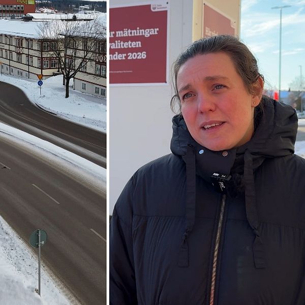 Louise Delorme från Falu kommun vid mätningar av luftkvalitet i Falu centrum vintertid.