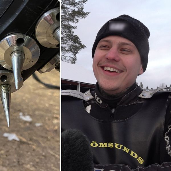 ALT-text: Till vänster syns en närbild av en cykeldäck med spikiga punkter för ökat grepp, medan höger sida visar en person iförd skyddskläder för motorsport.