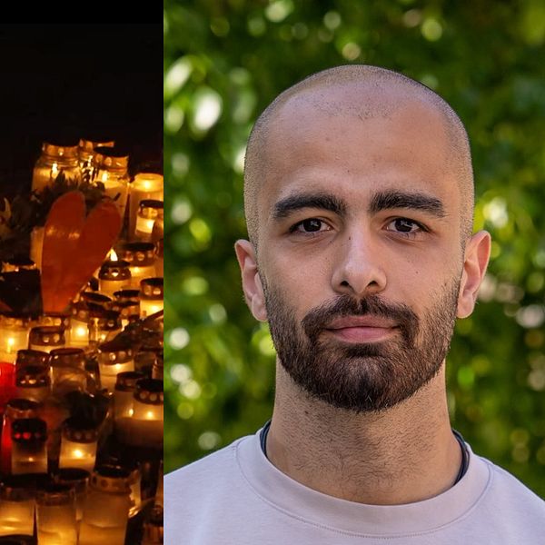 En delad bild. Vänstra sektionen visar ett stort antal tända ljus och ljuslyktor på en minnesplats, tillsammans med en hjärtformad dekoration, troligtvis för någon eller något som hedras. Högra sektionen visar en person mot en bakgrund av gröna blad.