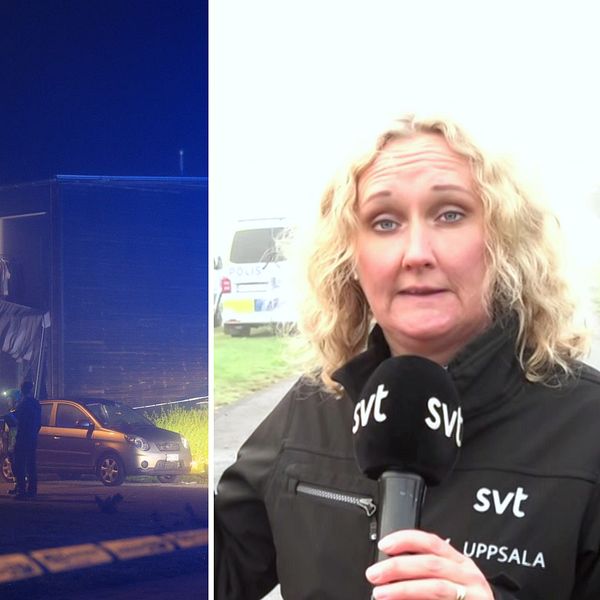 Tvådelad bild. Söndersprängdfasad med poliser i arbete utanför. Reporter på plats.