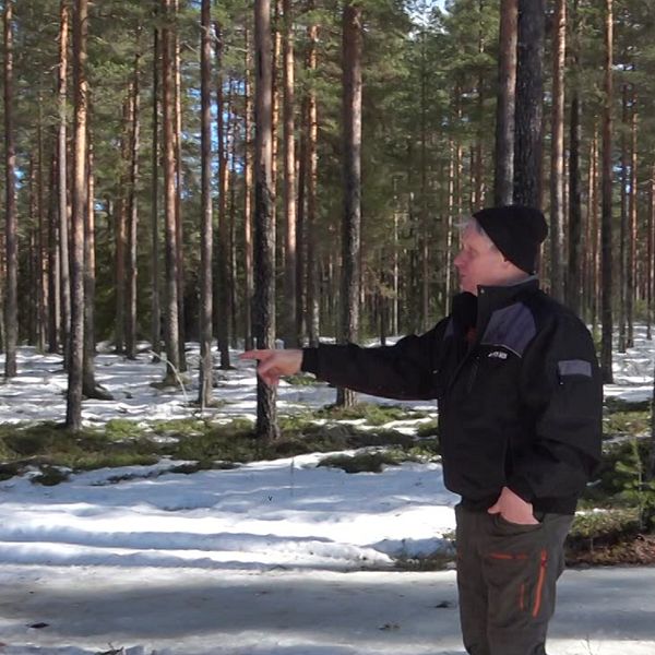 Man som står och pekar mot en vedbod där det står en skopa från en grävmaskin.