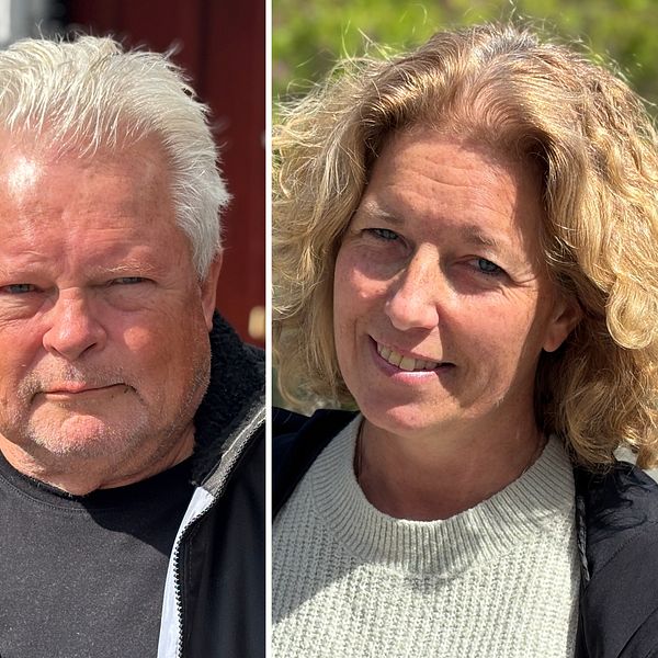 Tredelad bild. Tre personer står på olika platser i Hällevik i Blekinge med varierande bakgrunder.