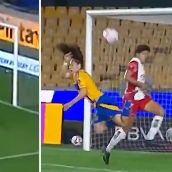 Dubbeldelad bild. Vänster: fotbollsspelare framför mål. Höger: nickduell framför målvakten.