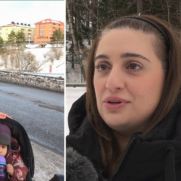 Vänster: En mamma med ett barn i barnvagn Höger: En mamma som intervjuas