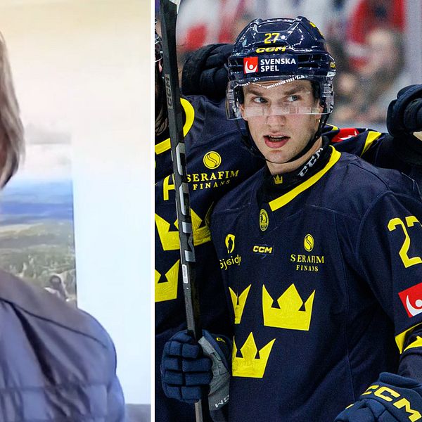 Delad bild. Vänster: person i vardagsrum. Höger: ishockeyspelare i Tre Kronor-tröja på isen.