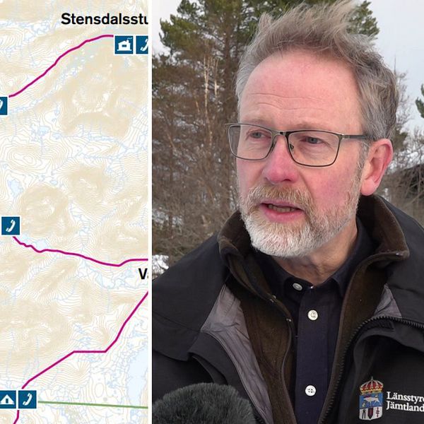 Delad bild. Till vänster karta över fjälleder runt Gåsen. Till höger Göran Gabling, biträdande enhetschef på Länsstyrelsen i Jämtland