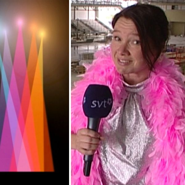 Publik, Melodifestivalens logga och en reporter.