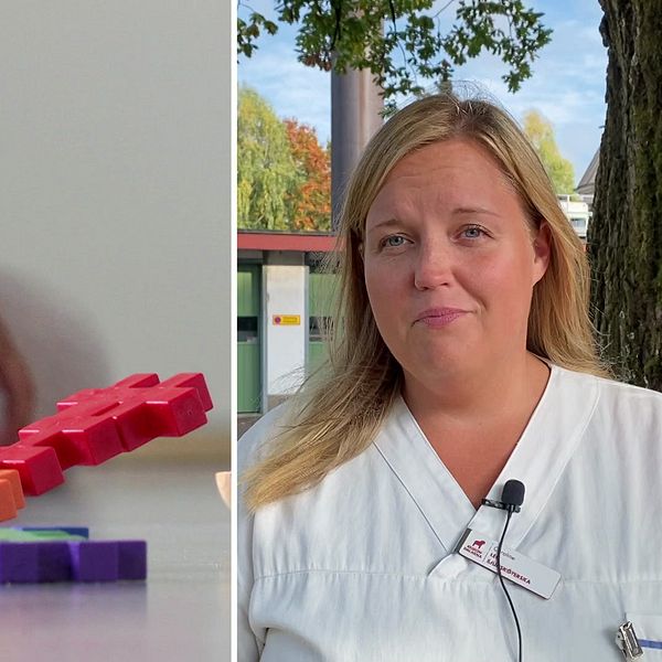 Till vänster syns ett barn som leker med plusplus på förskolan och till höger sjuksköterskan Caroline Pira, klädd i vita arbetskläder.